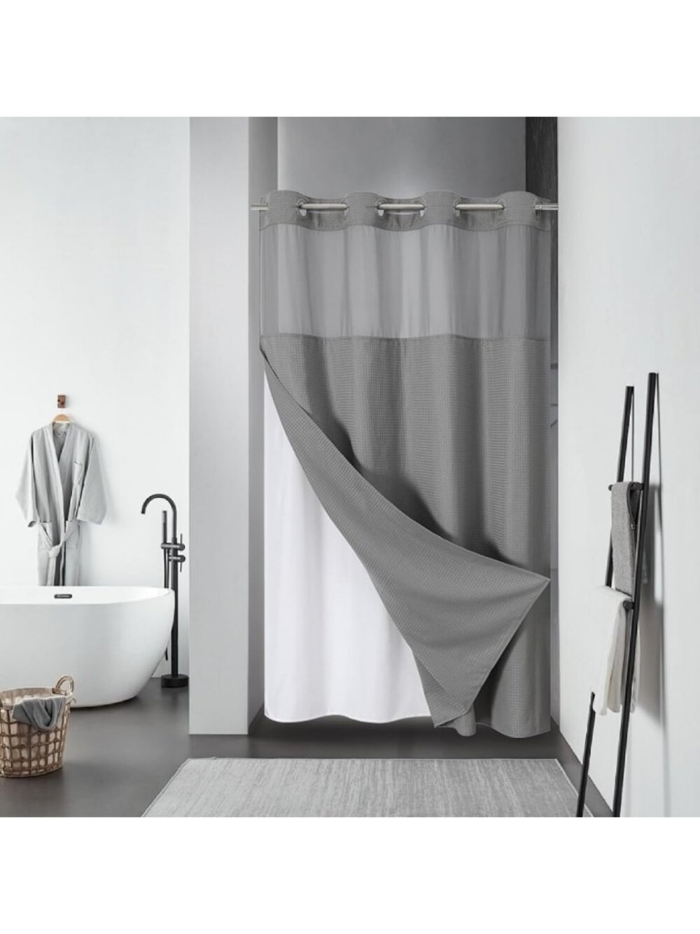 Grey No Hook Waffle Shower Curtain with Snap-in Liner, 54x74 Inch, Waterproof